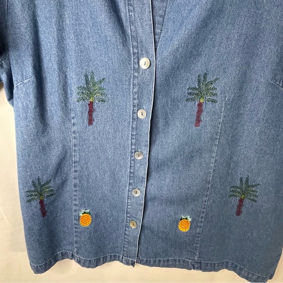 Vintage Denim Shirt Pineapple Palm Tree‎ Embroidery Hawaiian Size L - Picture 6 of 13